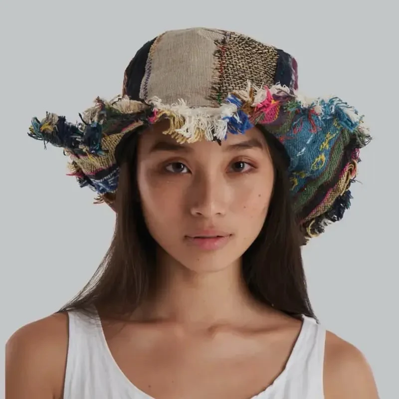 🎩Patchwork Multicolored Mushroom Hemp Hat with Hidden Pocket Fedorahats - Image 3
